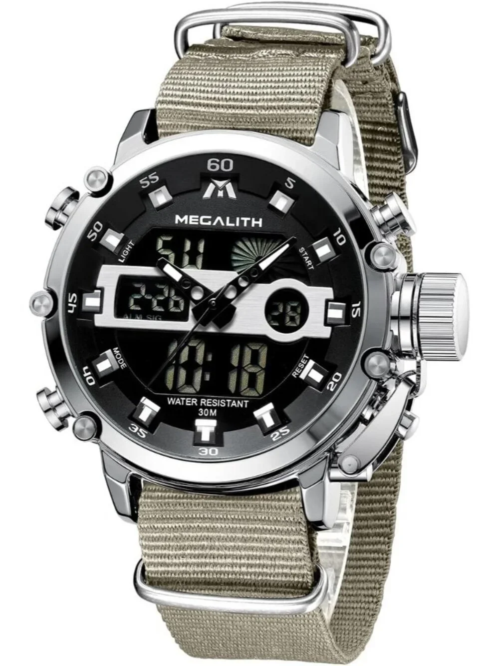 Men's Khaki Analog Quartz Nylon Strap Waterproof Multifunction Digital Watch